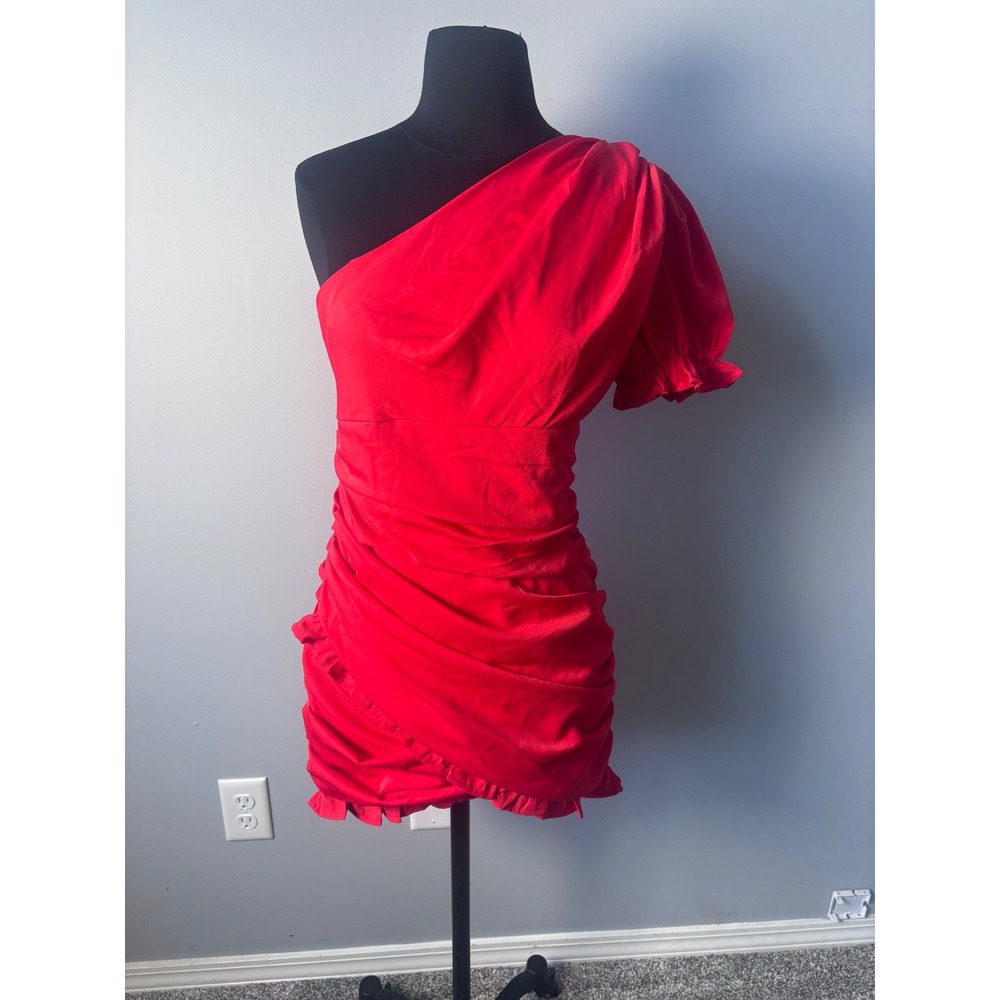 Hello Molly Red One Shoulder Ruched Puff Sleeve Mini‎ Dress US 8 nwt - Picture 3 of 16